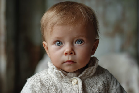 Captivating gaze of a little child with blue eyes in a cozy knitted sweater in a softly lit room during a calm afternoonの素材