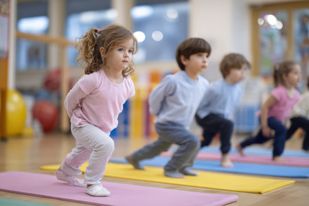 Children engage in physical education exercises during class, showing focus and determination in a colorful activity spaceの素材