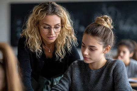 Female teacher assists student in classroom during lesson on academic skills and understanding learning materialの素材