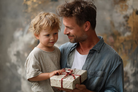 Celebrating Fathers Day with a heartfelt moment between a dad and child exchanging a gift in a cozy indoor setting filled with warmth and loveの素材