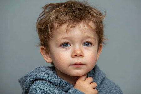 Little boy with blue eyes poses thoughtfully in a cozy gray hoodie against a neutral background, capturing childhood innocence and curiosityの素材