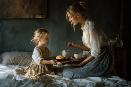 Daughter serves breakfast in bed to mother during a cozy morning at homeの素材