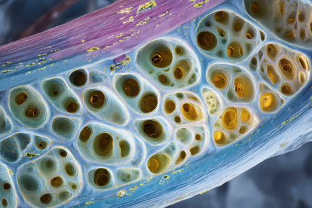 Detailed light micrograph of cellular structure in a lily stem showing intricate patterns and vibrant colors in plant tissueの素材