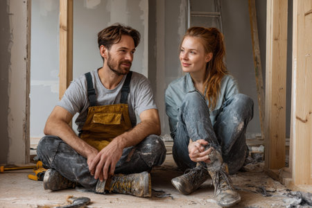 Young couple engaged in home renovation work, sharing ideas and enjoying their project in a modern living space during a sunny dayの素材