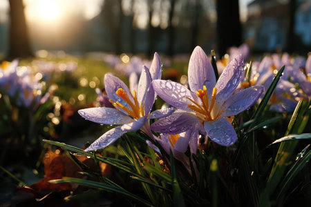Crocus blossoms blooming in spring sunlight across grassy landscape with dew droplets and warm golden hues at dawnの素材
