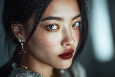 Elegant closeup portrait of an Asian woman highlighting fashionable accessories and striking beauty during a trendy indoor photoshoot in soft lightingの素材