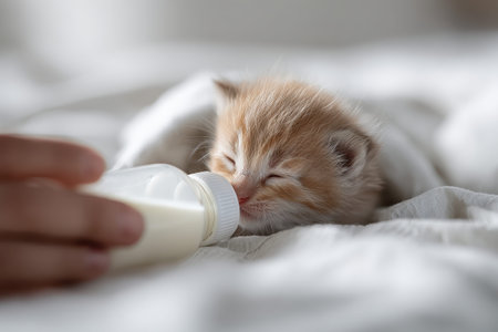 Cute kitten being lovingly fed with a bottle by caring hands in a cozy indoor setting during daylight hoursの素材