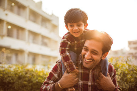 Happy father joyfully giving his son a ride on his back during a sunny afternoon in an outdoor urban settingの素材