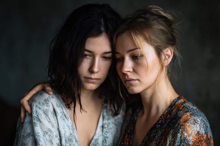 Daughter comforts her sad mother in a quiet, intimate moment during a melancholic afternoon at homeの素材