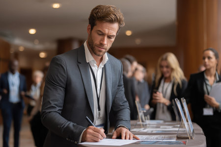Businessman engaging in conference registration amid a professional networking environment in a modern venueの素材