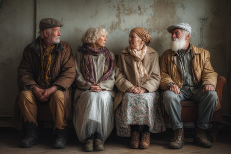 Group of seniors at an old people's home engaged in conversation and sharing moments of companionship during a quiet afternoonの素材