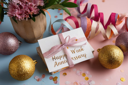 Festive flat lay celebrating a work anniversary with colorful streamers, confetti, and decorative ornaments on a pastel backgroundの素材