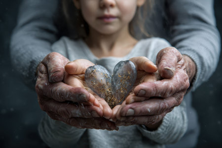 Two generations share a love-filled moment, hands holding heart-shaped crystals in a warm indoor setting during the eveningの素材