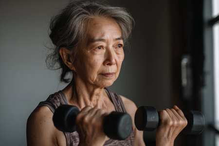 Asian older woman engages in strength training with dumbbells in a home fitness setting during the early morning hoursの素材