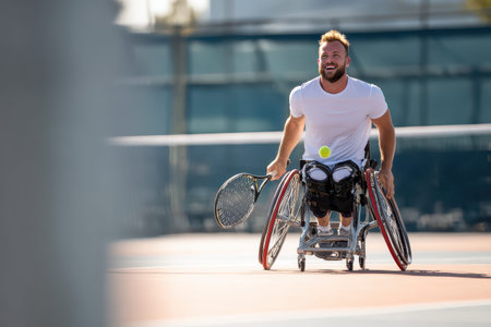 Smiling wheelchair tennis player joyfully practicing on the court during a sunny afternoon at the local sports facilityの素材