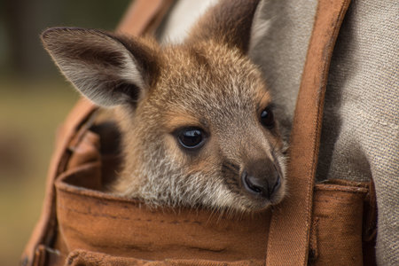 Wild baby kangaroo nestled in mother's pouch exploring the Australian bush during the early morning hoursの素材