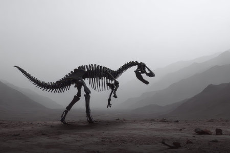 Dinosaur skeleton stands against a foggy backdrop revealing natural beauty and ancient history in a dramatic settingの素材