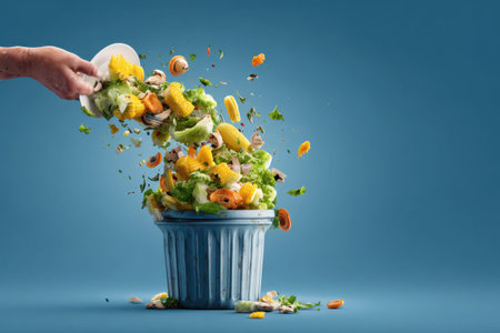 Hands discarding food waste into a blue trash can emphasizing the importance of not wasting food during meal preparation or cleanupの素材