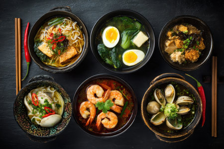 Top view of assorted Asian dishes showcasing vibrant flavors and fresh ingredients in elegant bowls on a dark surface, ideal for culinary enthusiasts and food loversの素材