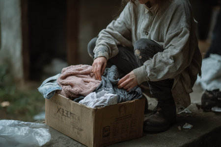 Collecting donations of clothes for Ukrainian refugees in need during a community drive in a city park on a chilly afternoonの素材