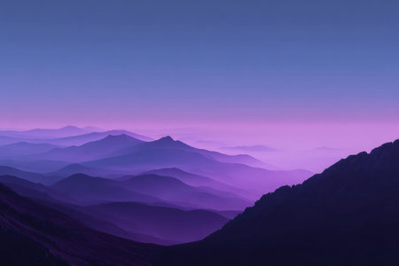Stunning minimalist mountain landscape featuring gentle purple hues under a serene twilight sky in a tranquil settingの素材