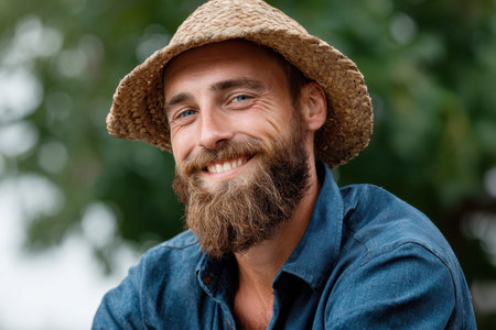 Happy bearded farmer in a cap gazing at the camera in a sunny outdoor setting amidst greeneryの素材