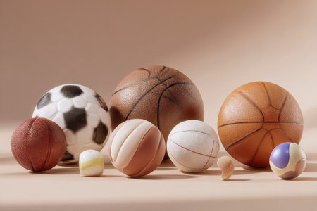 Collection of assorted sports balls including basketball, soccer, volleyball, and tennis ball arranged on a neutral background for display or promotional purposesの素材