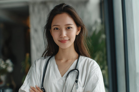 Young Asian female nurse smiling confidently indoors at a healthcare facility, showcasing compassion and professionalism in her role to help patients every dayの素材