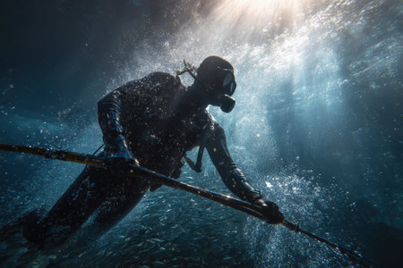 Diver engaged in spearfishing underwater surrounded by schools of fish during bright sunny afternoon in clear ocean watersの素材