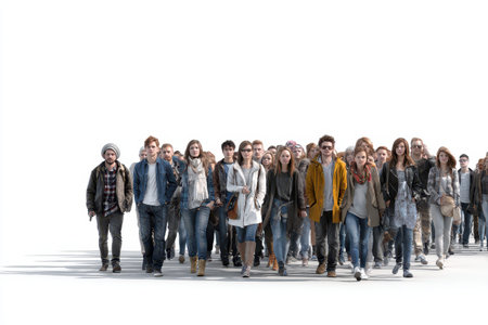 Diverse group of young adults walking confidently together, showcasing unity and enthusiasm against a clean white backdrop in a modern urban settingの素材
