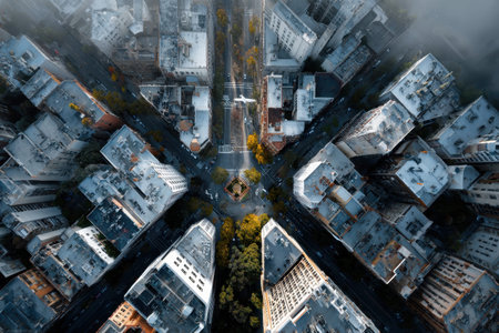 Captivating aerial view of city streets showcasing architecture and urban landscape during late afternoon lightの素材