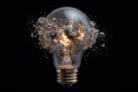 Explosion of a traditional electric bulb captured in a dynamic moment with sparks and debris against a dark backgroundの素材