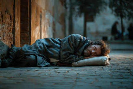 Homeless man sleeps on the street in the shadow of a building during the early evening, surrounded by a quiet urban environmentの素材
