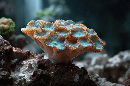 Vibrant Ricordea florida coral thriving in a marine aquarium environment showcasing unique colors and textures among rocky substratesの素材