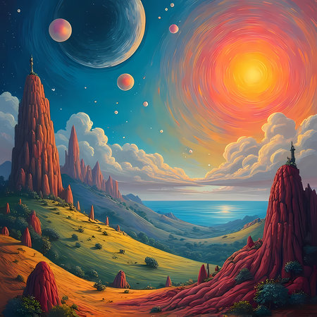 A painting of a landscape with mountains and sunset evening scenery sunlight sunrise warm sunの素材