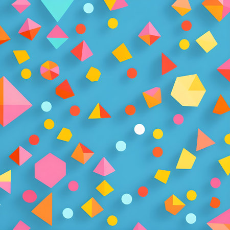 Colorful geometric shapes on a blue background space bright scene environment trust AI generatedの素材