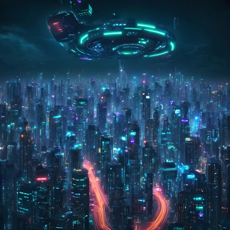 A futuristic city with a spaceship flying over it people traffic architecture AI generatedの素材