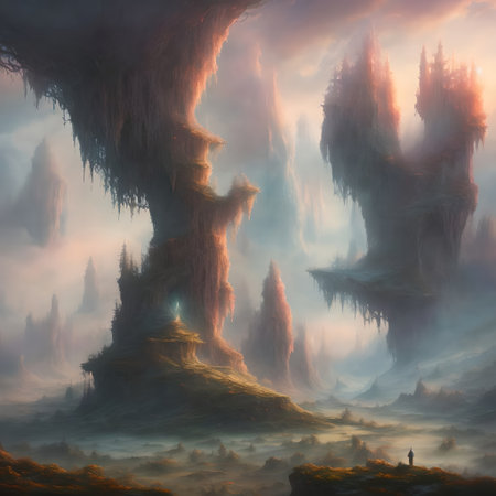 Fantasy landscape with a giant tree in the middle imagination surreal wood scenery AI generatedの素材