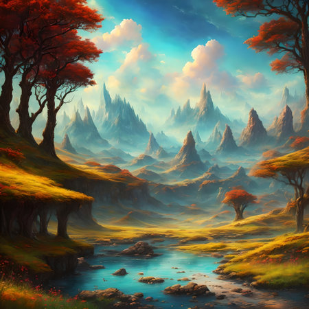 A mountain landscape with a river and trees wood outdoor current outdoors water AI generatedの素材