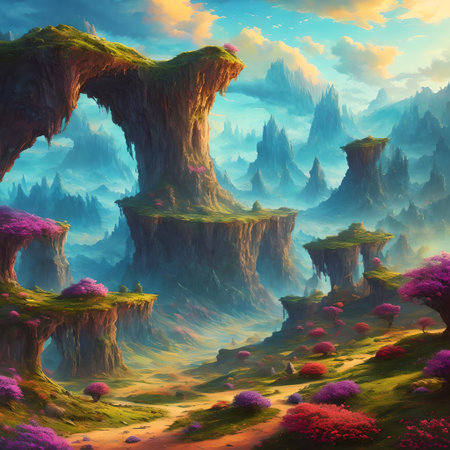 Fantasy landscape with mountains and trees story nature plant panorama mythical canopy AI generatedの素材