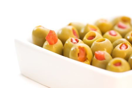 Green Olives in a white bowlの写真素材