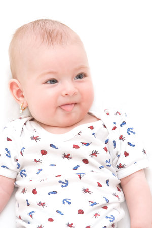Adorable baby girl on white background