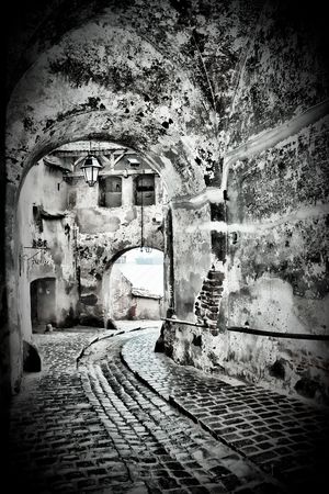 Passage under the Clock Tower of Sighisoara fortress, Romaniaの写真素材