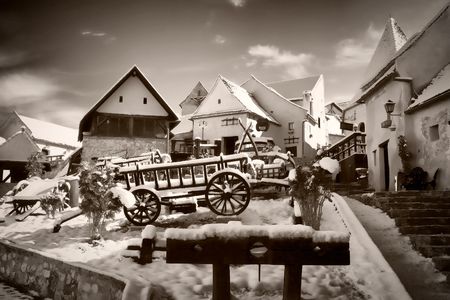 Interior of the Rasnov Fortress in Romania in winterの写真素材