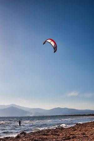 Kite surfers at Skinias beach in Greece.の写真素材