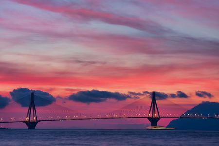 Rio - Antirrio Bridge by its real name  Charilaos Trikoupis bridge connects Peloponnese penninsula to Greece mailand.の写真素材