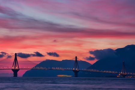 Rio - Antirrio Bridge by its real name  Charilaos Trikoupis bridge connects Peloponnese penninsula to Greece mailand.の写真素材