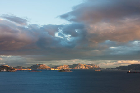 Panoramic landscape at sunset of Salamina Island in Greece.