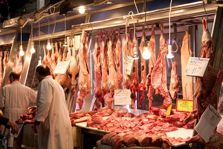 Various meats at the main meat market in Athens Downtown in Greece in December 2009のeditorial素材