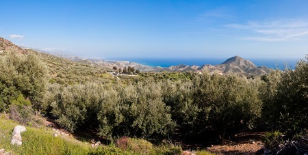 Panoramic landscape in Crete towards Ierapetra town, Greeceの写真素材